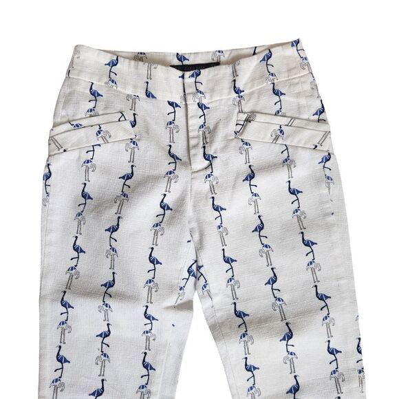 Zara Basic Capri Pants Size XS White Blue Gray Flamingos Twill Cotton Blend - Picture 2 of 8
